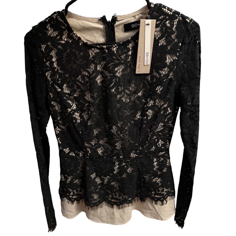NWT DO+BE Black Lace whimsygoth Romaric Blouse Top Sheer Long Sleeve Lined‎